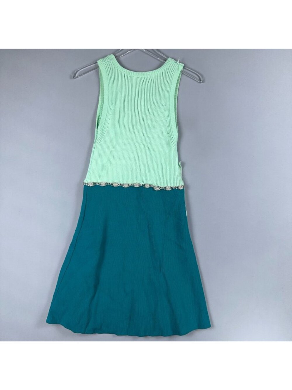 Zara Jewel Appliqué Dress Size Medium Mint Teal Sleeveless Rhinestone Pearl Trim - Picture 7 of 14